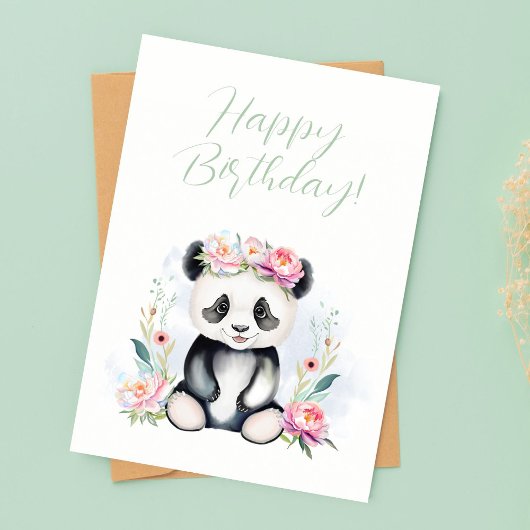 Waterverf Baby Panda Pioenrozen Oerwoud Verjaardag Kaart