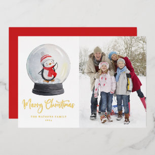 Waterverf Baby Penguin Snow Wereldbol Merry Kerstm Folie Feestdagenkaart