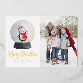 Waterverf Baby Penguin Snow Wereldbol Merry Kerstm Folie Feestdagenkaart