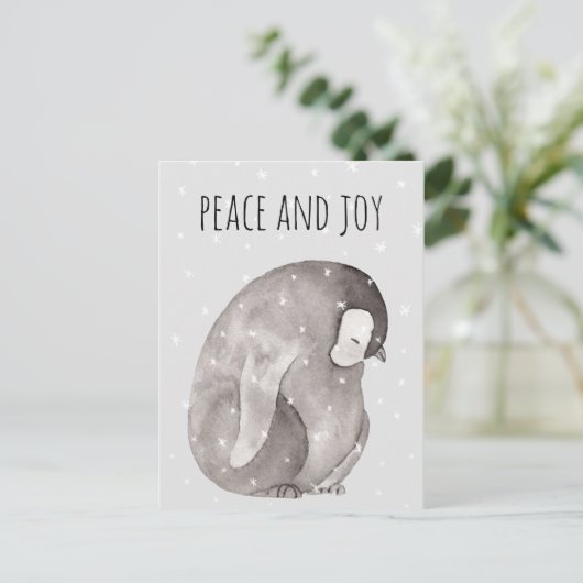 Waterverf Baby Penguin Winter Snow Peace & Joy Briefkaart (Staand voorkant)