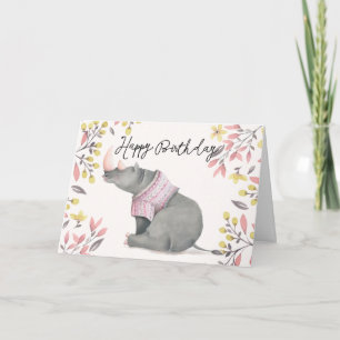Waterverf baby Rhinoceros & Birdies Birthday Kaart