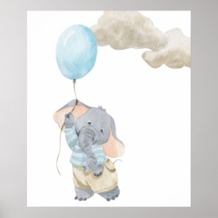Waterverf Baby Room Nursery Cute Elephant Blue Poster