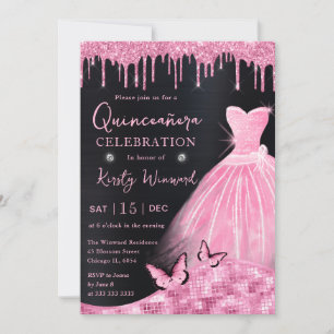 Waterverf Baby Roze Glitter Dress Quinceanera Kaart