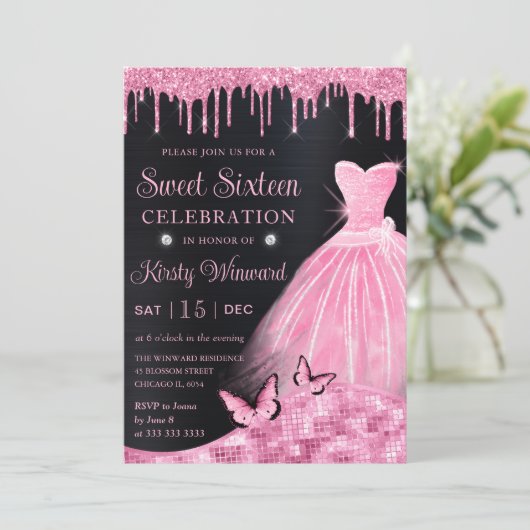 Waterverf Baby Roze Glitter Dress Sweet Sixteen Kaart (Staand voorkant)