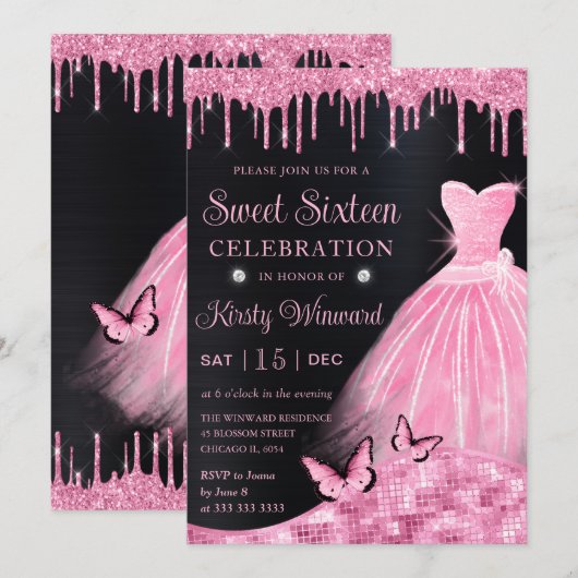 Waterverf Baby Roze Glitter Dress Sweet Sixteen Kaart (Voorkant / Achterkant)