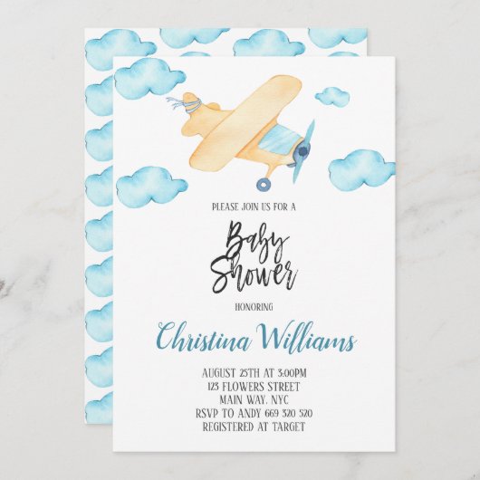 Waterverf Baby shower blauw Kaart (Voorkant / Achterkant)