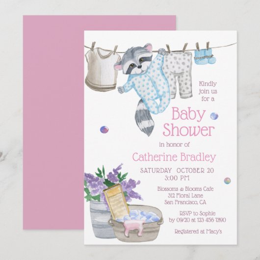 Waterverf Baby shower Cute Raccoon Wash Day Kaart (Voorkant / Achterkant)