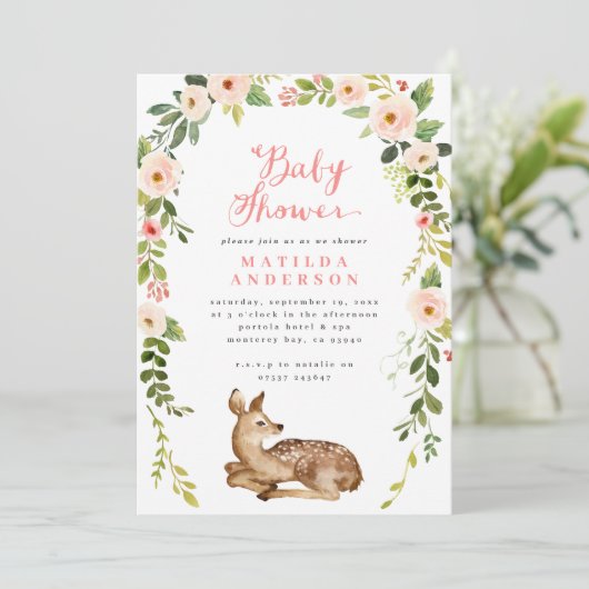 Waterverf baby shower florale en naaldblaasdieren aankondiging (Staand voorkant)