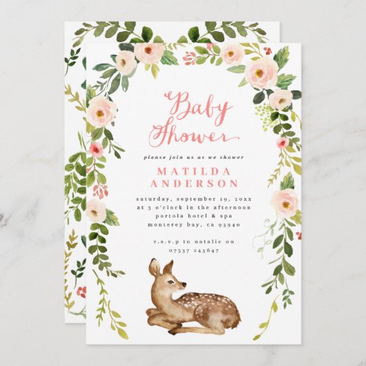 Waterverf baby shower florale en naaldblaasdieren aankondiging (Voorkant / Achterkant)