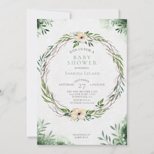 Waterverf Baby shower Greenery Wreath Kaart (Voorkant)