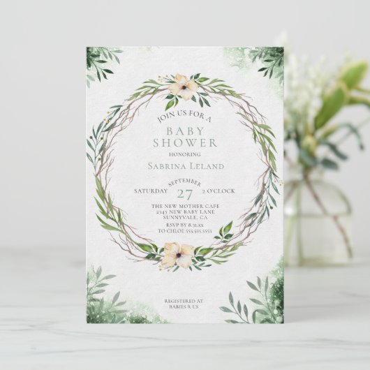 Waterverf Baby shower Greenery Wreath Kaart (Staand voorkant)