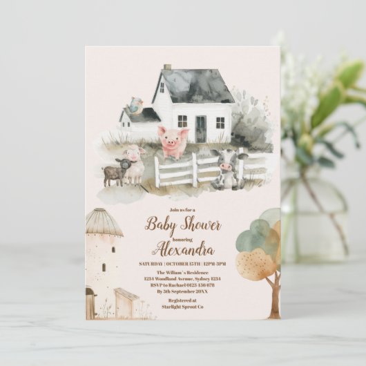 Waterverf Baby shower landbouwhuisdieren Kaart (Staand voorkant)