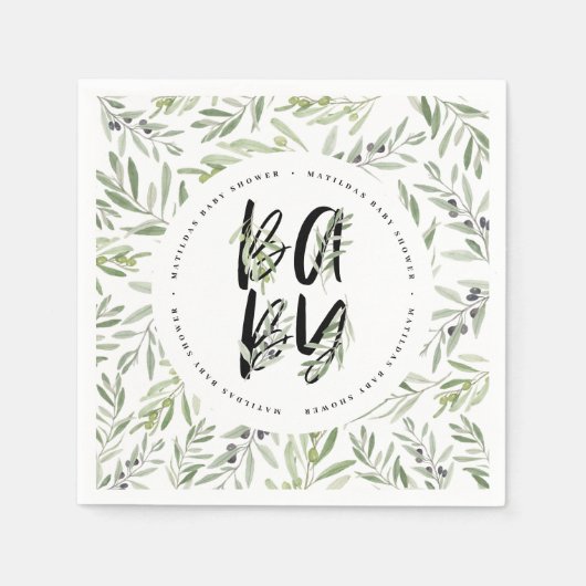 Waterverf baby shower olijfbladeren servet (Voorkant)