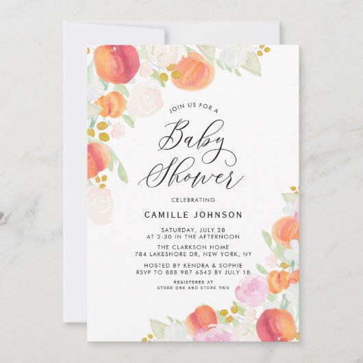 Waterverf Baby shower perziken en bloemen Kaart (Voorkant)