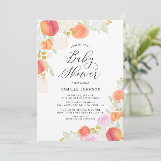 Waterverf Baby shower perziken en bloemen Kaart (Staand voorkant)
