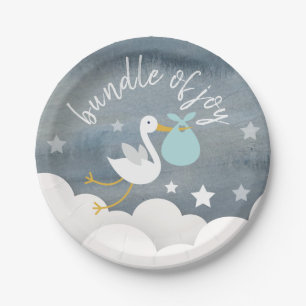 Waterverf Baby shower Stork Blue Bundle Stars Papieren Bordje