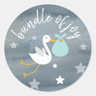 Waterverf Baby shower Stork Blue Bundle Stars Ronde Sticker
