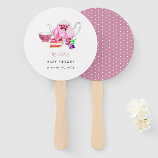 Waterverf Baby shower Tea Party roze theepot Handwaaier (Voorkant en achterkant)