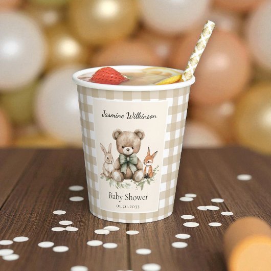 Waterverf Baby shower Teddy Bear Gingham Cups Papieren Bekers