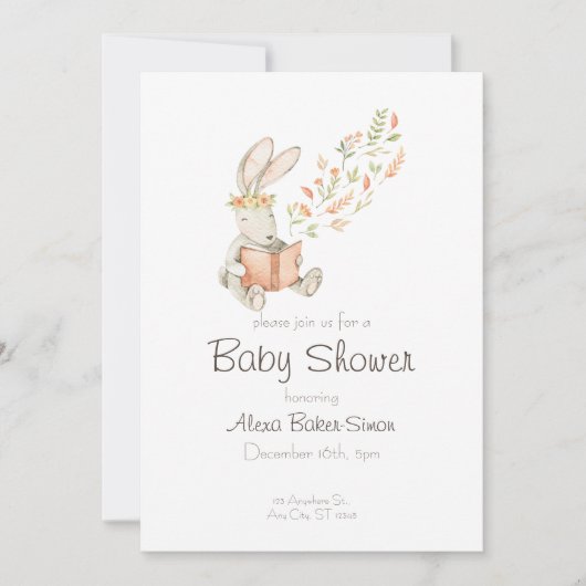 Waterverf baby shower uitnodiging met baby bunny (Voorkant)
