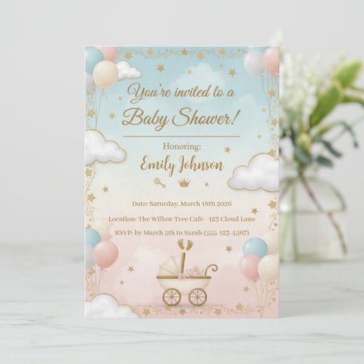 Waterverf Baby shower Uitnodiging met ballonnen (Staand voorkant)