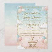 Waterverf Baby shower Uitnodiging met ballonnen (Voorkant / Achterkant)