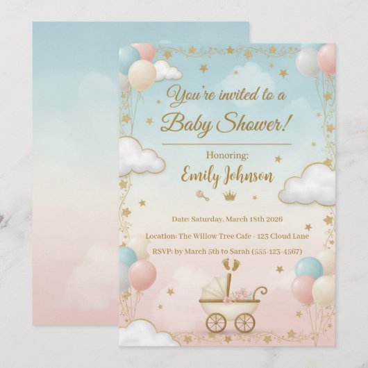 Waterverf Baby shower Uitnodiging met ballonnen (Voorkant / Achterkant)