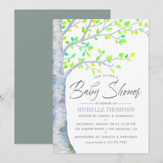 Waterverf Baby shower van de Boom van de Lente Kaart (Voorkant / Achterkant)