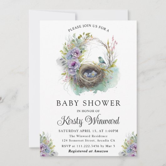 Waterverf Baby shower van het vogelnest Floral Spr Kaart (Voorkant)