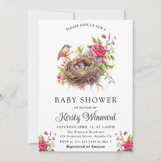 Waterverf Baby shower van het vogelnest Floral Spr Kaart (Voorkant)