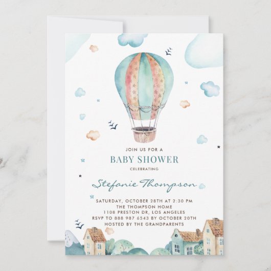  Waterverf Baby shower Warmluchtballon Kaart (Voorkant)