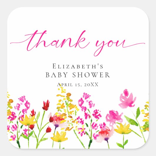 Waterverf Baby shower Wilde bloem Roze Hartelijk d Vierkante Sticker (Voorkant)