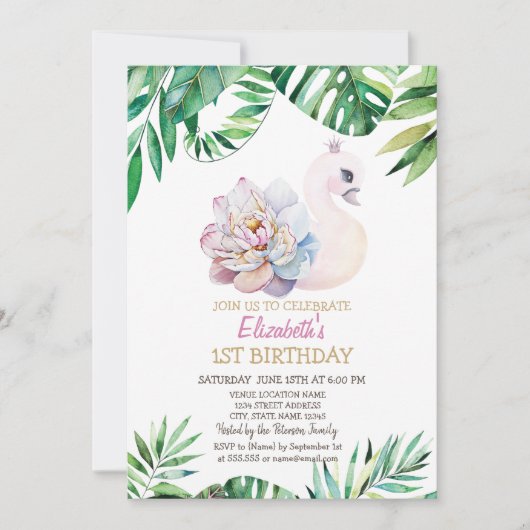 Waterverf Baby Swan, bladeren 1 verjaardag Kaart (Voorkant)