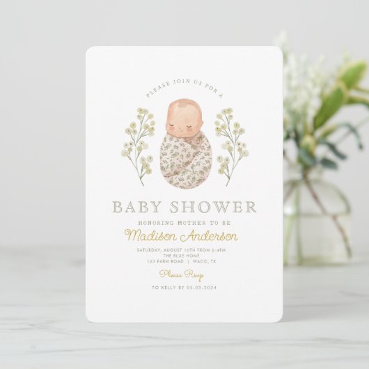 Waterverf Baby White Flowers Elegant Baby shower Kaart (Staand voorkant)