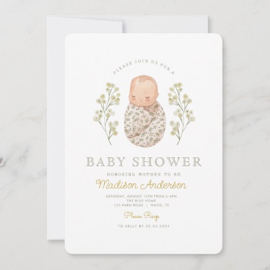 Waterverf Baby White Flowers Elegant Baby shower Kaart (Voorkant)