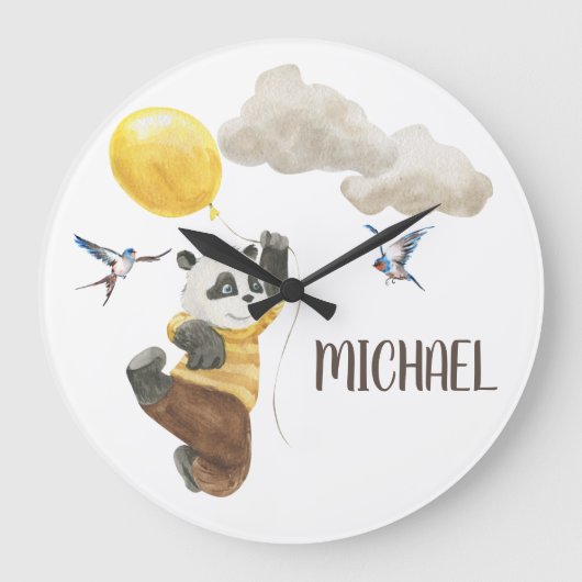 Waterverf Baby Zaal Nursery Cute Panda Ballon  Grote Klok (Voorkant)