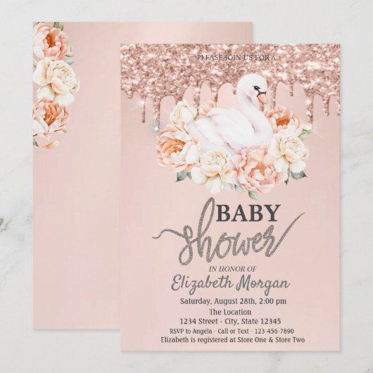 Waterverf Baby Zwaan Roos Gouden Glitter Druppels Kaart (Voorkant / Achterkant)