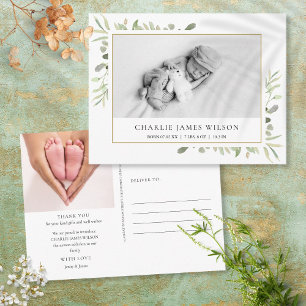 Waterverf babyfoto met groen Geboorte bedankkaart Briefkaart