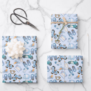 Waterverf babyjongenpatroon met speelgoed kleren b inpakpapier vel
