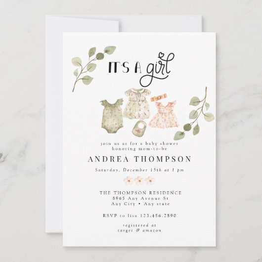 Waterverf babykleding | Boho Meisje Baby shower Kaart (Voorkant)