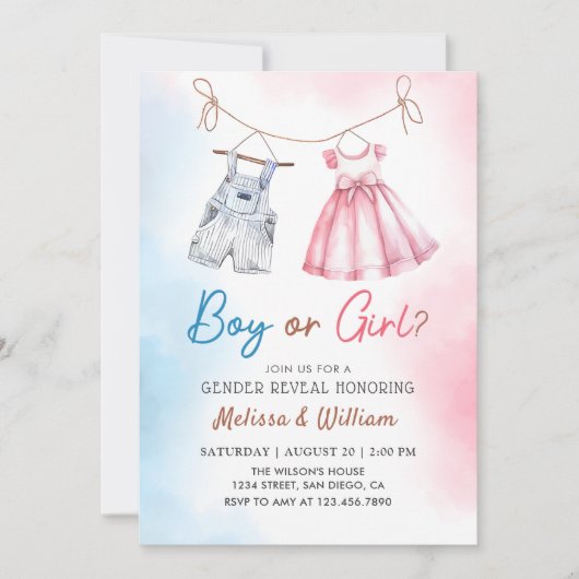 Waterverf Babykleding Geslacht onthullen Uitnodigi Kaart (Voorkant)