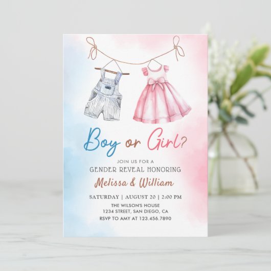 Waterverf Babykleding Geslacht onthullen Uitnodigi Kaart (Staand voorkant)