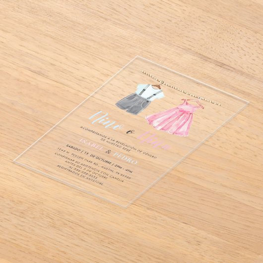 Waterverf Babykleding Spaans Geslacht Onthulling Acryl Uitnodigingen (Laagn)