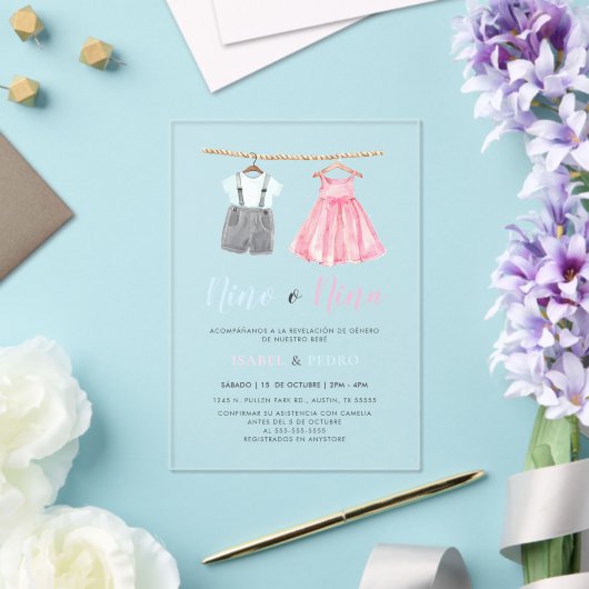 Waterverf Babykleding Spaans Geslacht Onthulling Acryl Uitnodigingen (Insitu (Huwelijk))