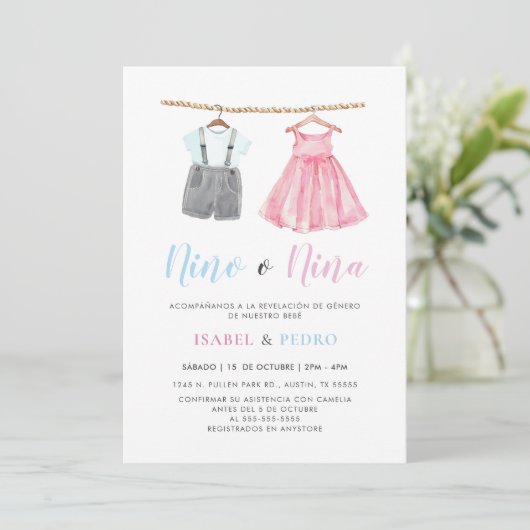 Waterverf Babykleding Spaans Geslacht Onthulling Kaart (Staand voorkant)