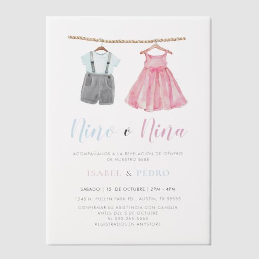 Waterverf Babykleding Spaans Geslacht Onthulling Vellum Uitnodigingen (Voorkant)