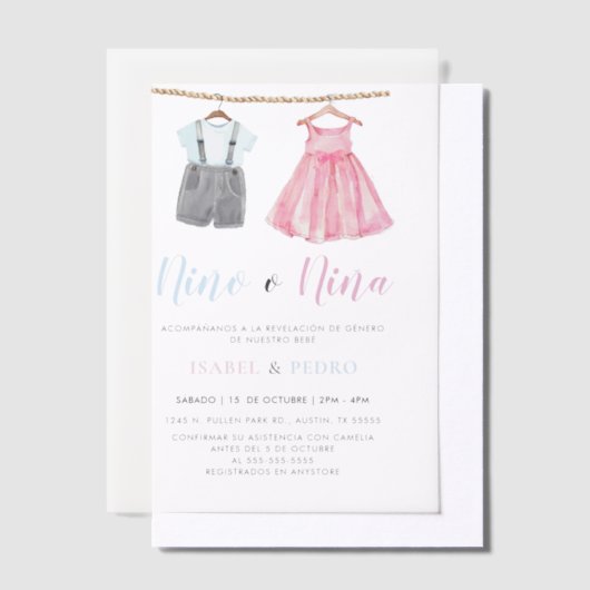 Waterverf Babykleding Spaans Geslacht Onthulling Vellum Uitnodigingen (Offset)