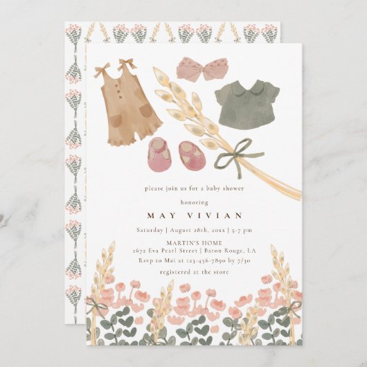 Waterverf Babykleding & Tarwe Baby shower Kaart (Voorkant / Achterkant)