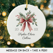 Waterverf baby's eerste kerstnaam rood rustiek keramisch ornament