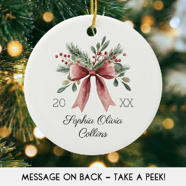 Waterverf baby's eerste kerstnaam rood rustiek keramisch ornament